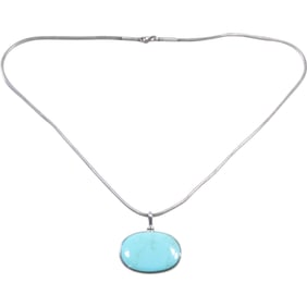 Mexico .925 Sterling Silver with Turquoise Stone Pendant Necklace on Sterling Foxtail Mesh Chain