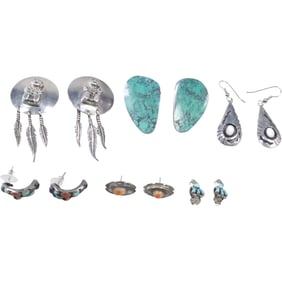 6 Pairs Assorted Native American  Sterling Silver Earrings:  NG Sterling with Turquoise Clip-on;