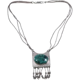 .925 Sterling Silver Square Pendant with Large Malachite Stone Necklace Sterling 6-Strand Chain