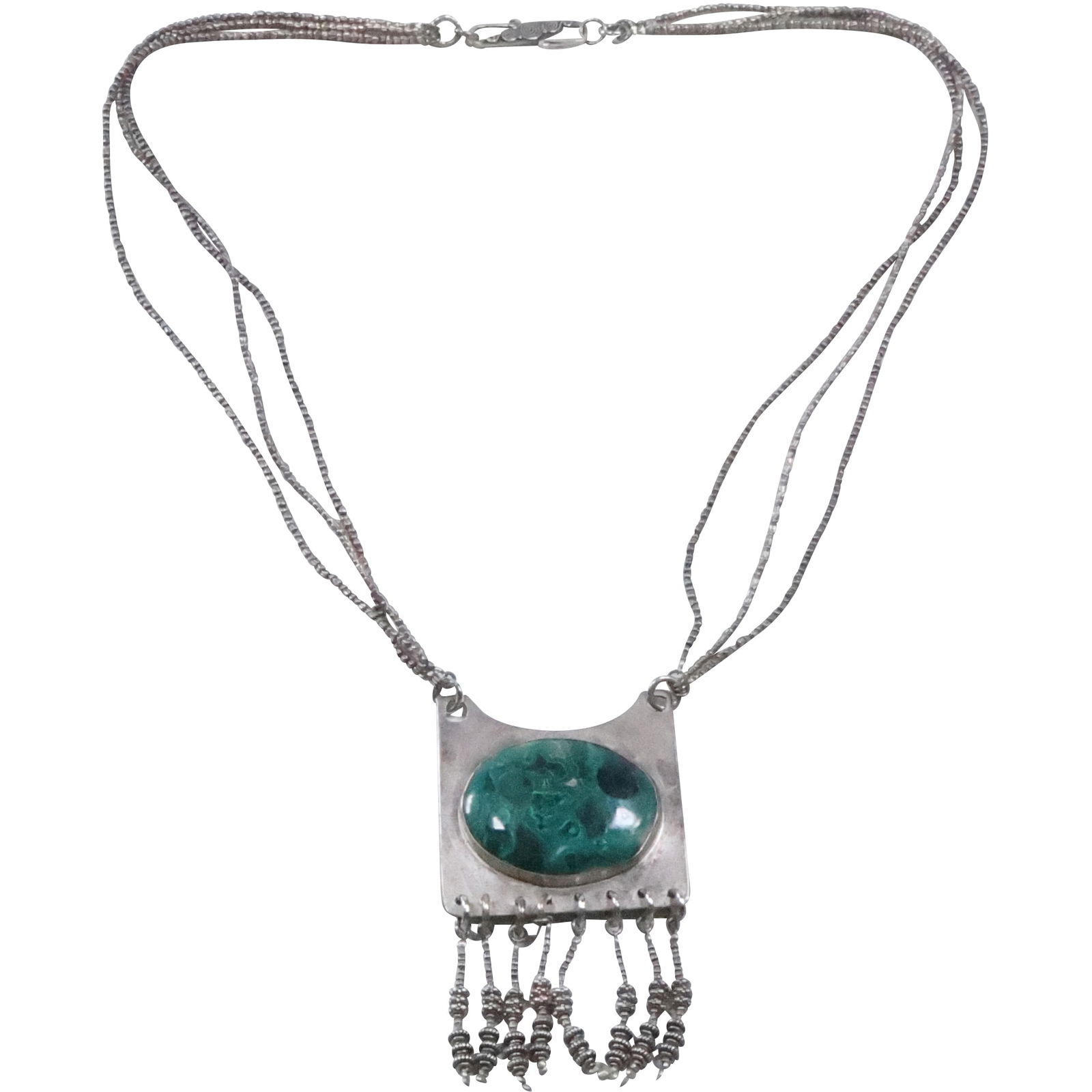 .925 Sterling Silver Square Pendant with Large Malachite Stone Necklace Sterling 6-Strand Chain (1 of 19)