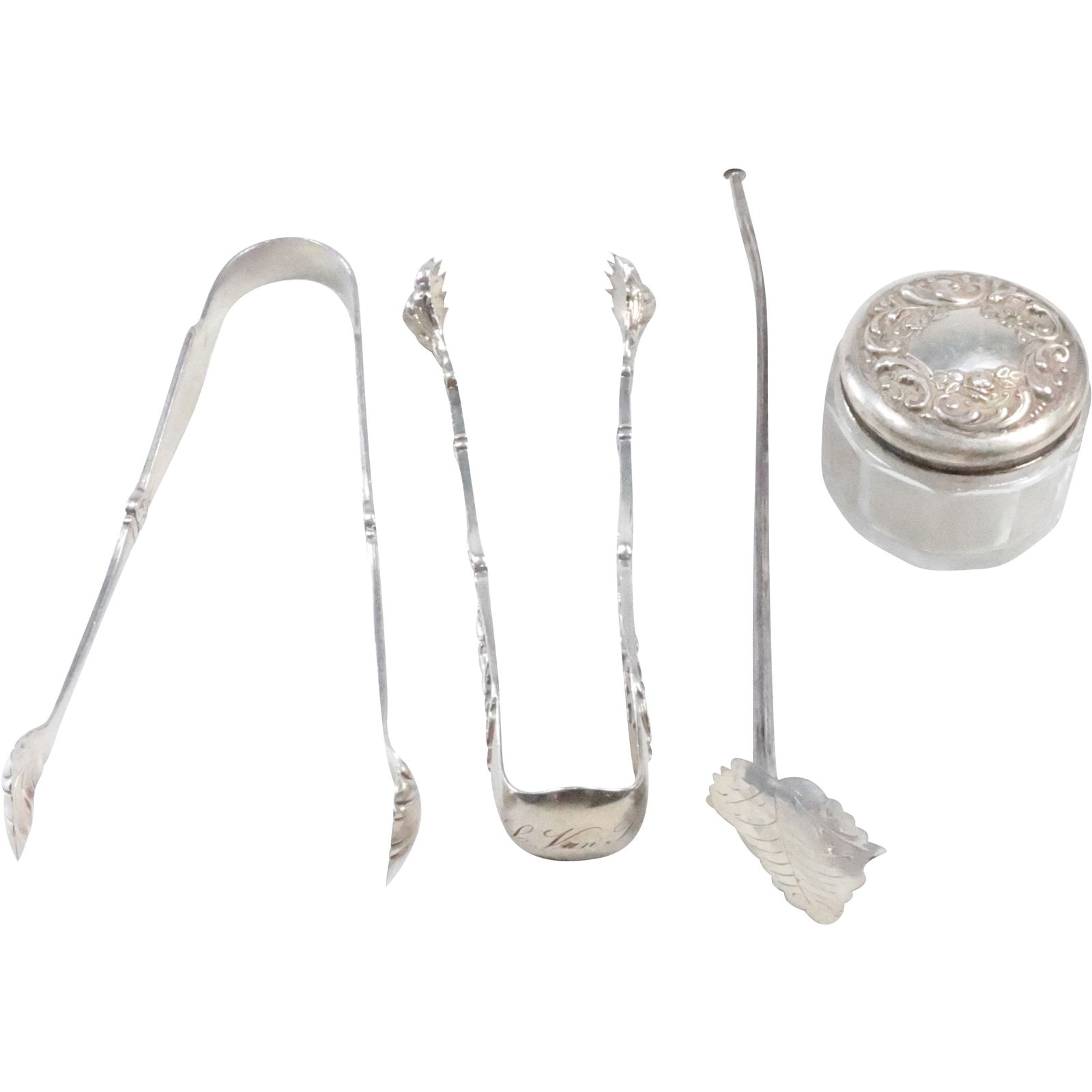 4 Pc Estate Grouping Sterling Silver [2] Tongs, Sterling Straw with Leaf, Small Sterling Top Jar (1 of 20)