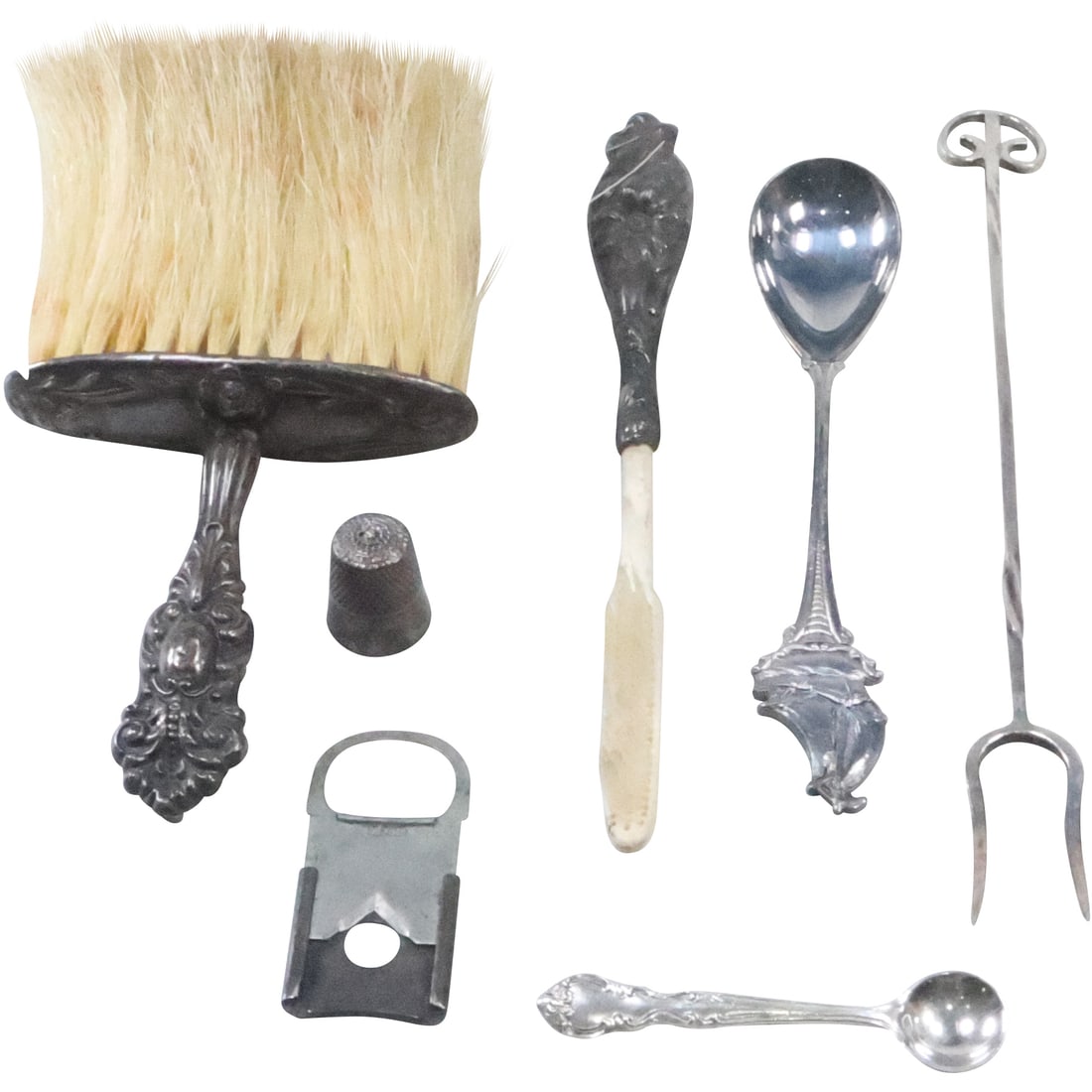 Estate Grouping & Assorted Sterling : Thimble, Spoon Pin, Sterling Handle Brush, Sterling Ship Spoon (1 of 20)
