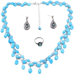 Native American Sterling with Turquoise Earrings; Sterling and Turquoise Necklace ; .925 Sterling
