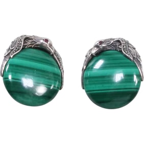 Pair Navajo Sterling Silver Eagle Framing Malachite Stone Clip-on Earrings 1 in. x 1 in.