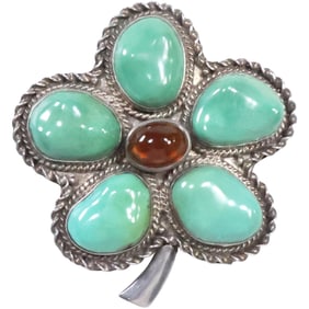 .925 BJ China Sterling Silver Green Turquoise and Amber Center Stone Flower Pendant / Pin