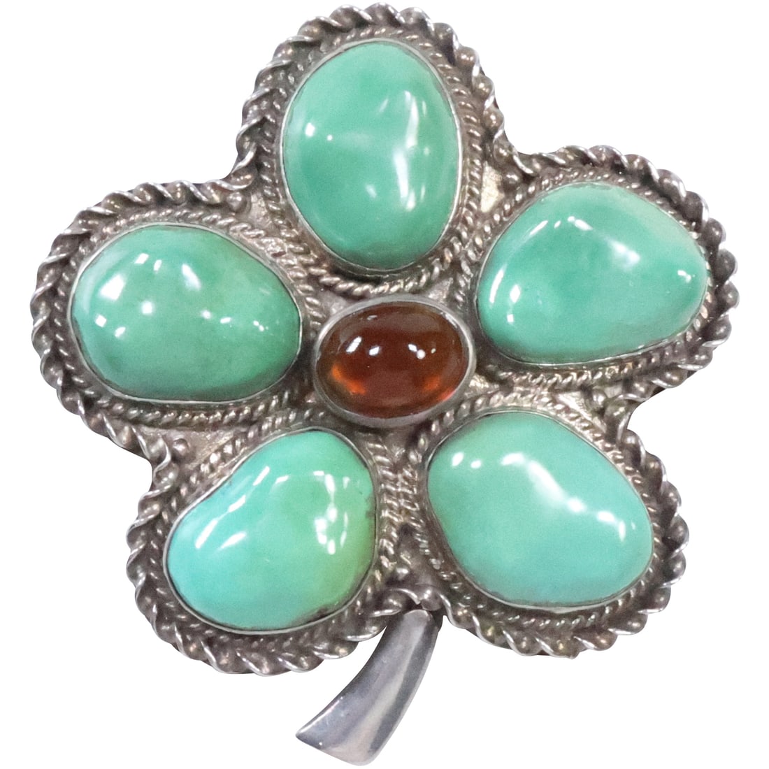 .925 BJ China Sterling Silver Green Turquoise and Amber Center Stone Flower Pendant / Pin: .925 BJ China Sterling Silver Green Turquoise and Amber Center Stone Flower Pendant / Pin 2 3/8 in. x 2 1/2 in. Note: Some Native American Indians have factories overseas