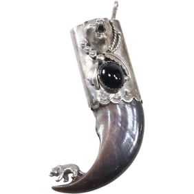 Unsigned Native American Indian Navajo Bear Claw with Sterling Bear Head, Sterling Bear & Feather
