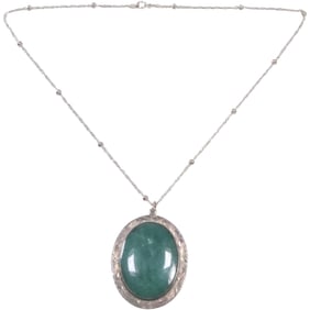 Sterling Silver with Large Green Jasper Stone Pendant on 18 in. Byzantine Chain Sterling