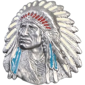 Native American Indian Chief  with Full Headdress Belt Buckle 3 1/4 in. x 3 in.