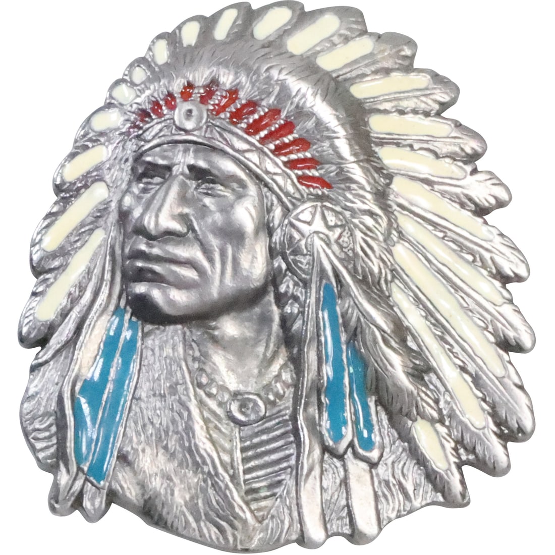 Native American Indian Chief  with Full Headdress Belt Buckle 3 1/4 in. x 3 in. (1 of 17)