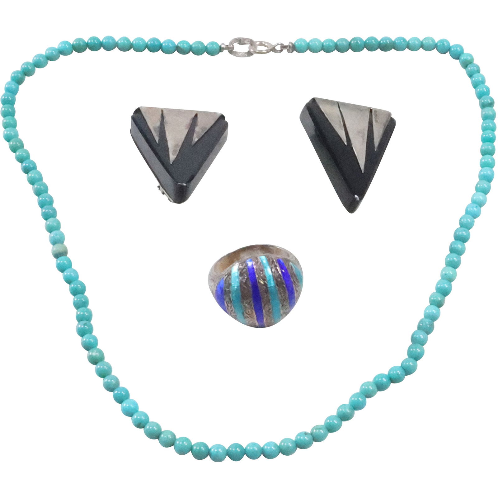 Pair TC-48 Sterling Silver Black Onyx Clip-on Earrings; Sterling Silver Foil Enamel Ring Size 6.5; (1 of 20)