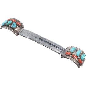 Native American Indian Navaho Sterling Silver Turquoise & Coral Feather Design Watch Band