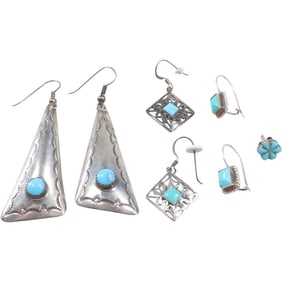 4 Pairs Assorted Sterling Silver Earrings: "K" KEITH JAMES Navajo Sterling with Turquoise Triangular