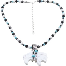 CP Carolyn Pollack .925 Sterling Silver White Marble Bull Pendant Necklace Turquoise, Black Onyx