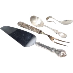 [4] Sterling Handle Rose Fork; Sterling Serving Spoon; Sterling Bent Spoon; Sterling Handle Cake