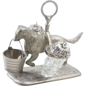 Figural Silver Plate Retriever Dog Salt & Pepper with Toothpick Holder Pail 5 in. x 6 in.