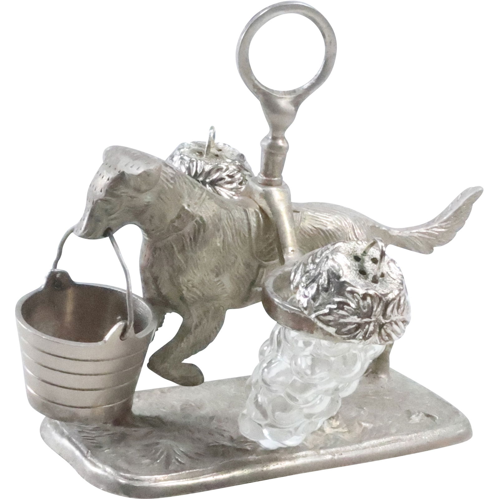 Figural Silver Plate Retriever Dog Salt & Pepper with Toothpick Holder Pail 5 in. x 6 in. (1 of 17)