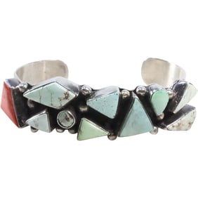 Sterling Silver with Various Turquoise Stones and Coral Cuff Bracelet 2 in. x 2 1/2 in. x 7/8 in.