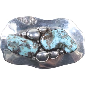 marked "D" CALVIN DESSON Navajo Sterling Silver with 2 Large Kingsman Turquoise Stones