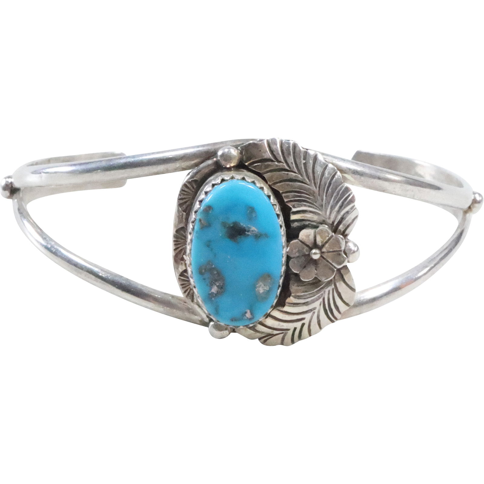 Sterling Silver with Kingman Turquoise T.L. THOMAS LONGFEATHER Cuff Bracelet Feather Design (1 of 13)
