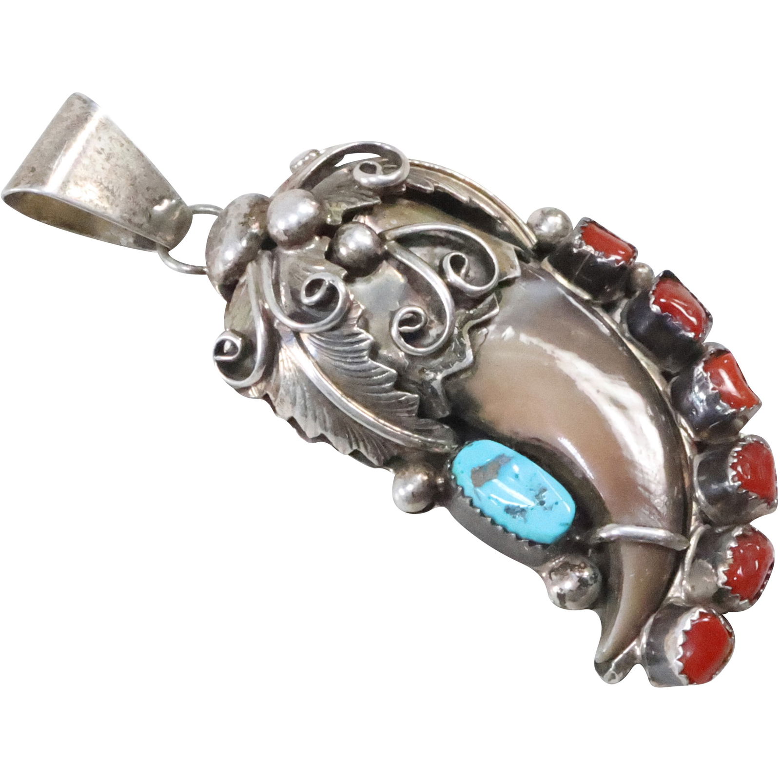 M TSOSIE Navajo Sterling Silver Large Bear Claw Pendant with Turquoise and Coral 3 1/8 in. x 1 1/4 (1 of 11)