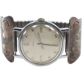 Navajo Watch Band Sterling Silver with Turquoise Chips Inlaid, Self Winding 1970s Timex working