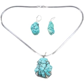 .925 Sterling Silver Turquoise Nugget Pendant Necklace with .925 Sterling Turquoise Nuggets Earrings
