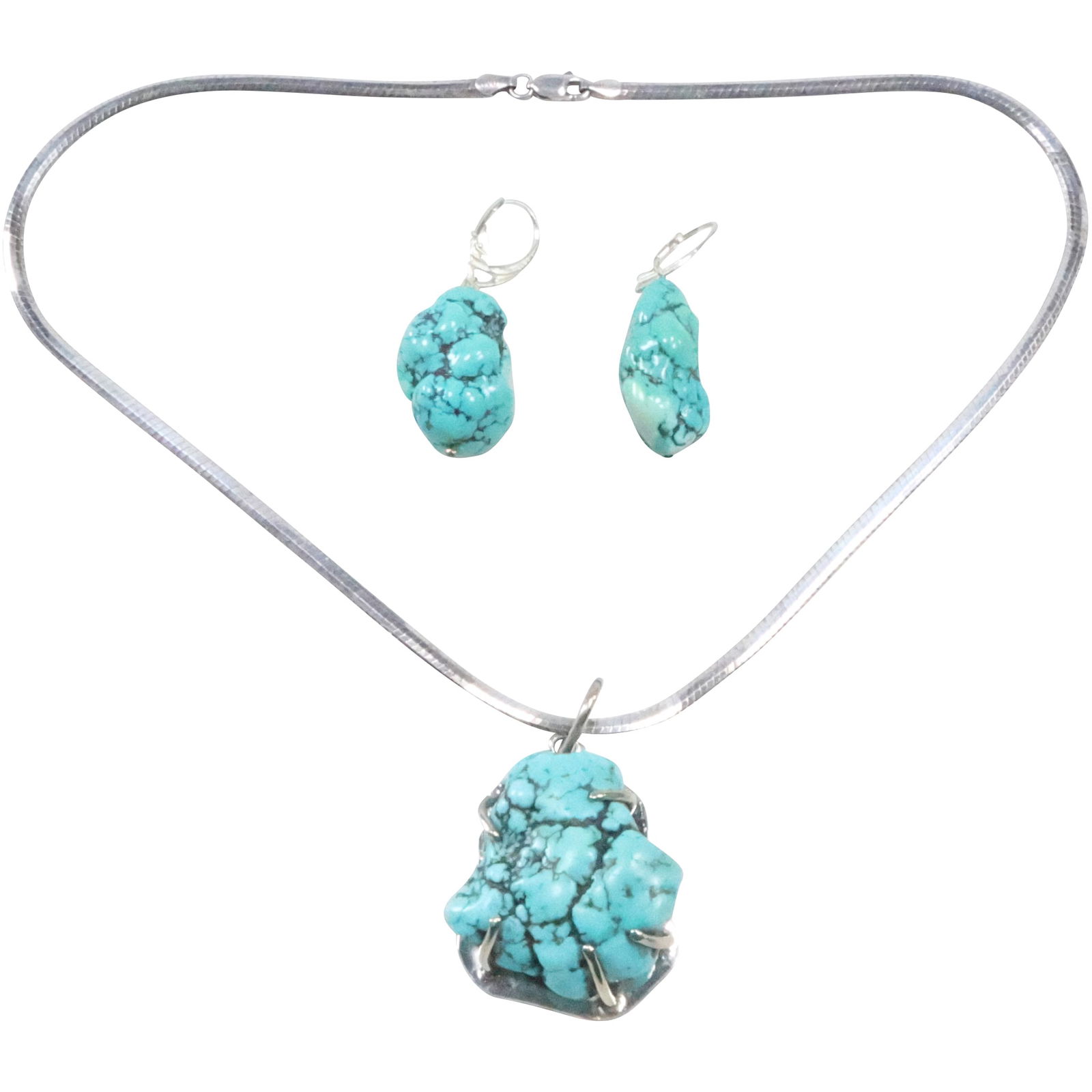 .925 Sterling Silver Turquoise Nugget Pendant Necklace with .925 Sterling Turquoise Nuggets Earrings (1 of 15)