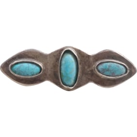 Unsigned Hand Tooled Navajo? Pin Sterling Silver with Hand Carved Turquoise Stones 2 in. x 5/8 in.