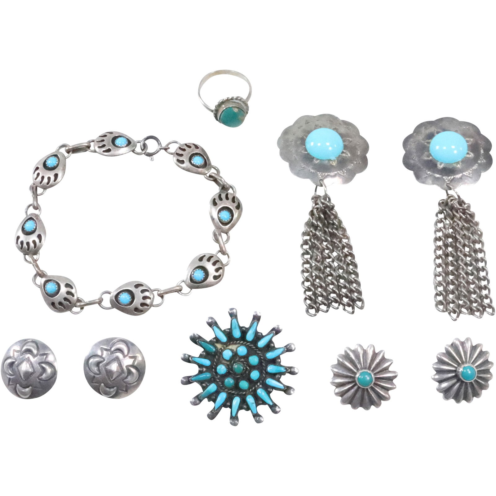 Native American Indian Assorted Jewelry Grouping: Sterling Turquoise Bear Claw Bracelet; Sterling (1 of 20)