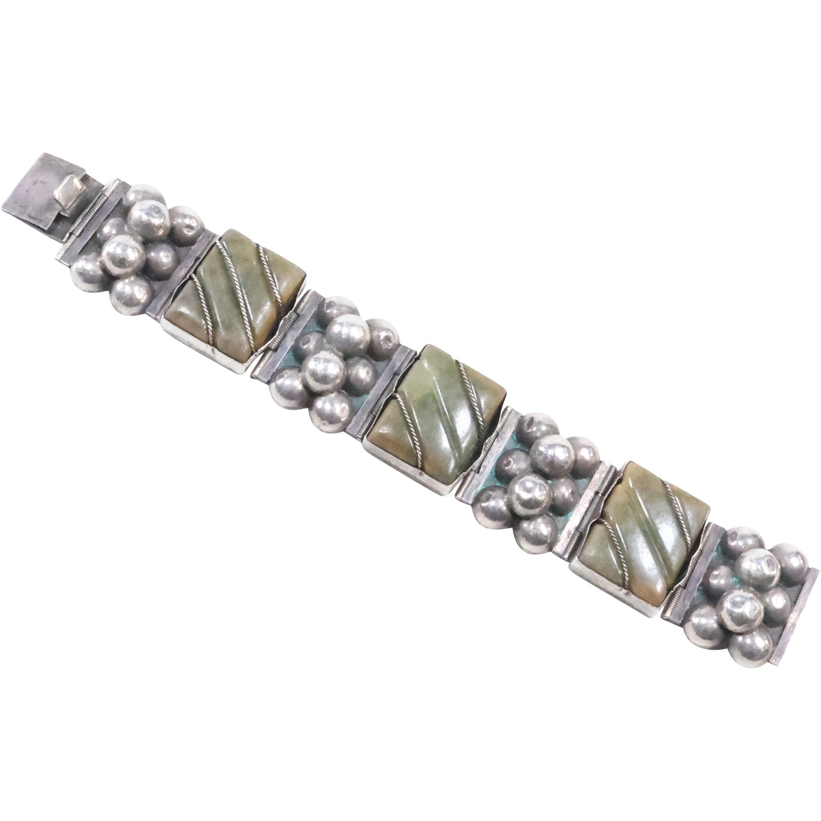 Sterling Silver Mexico Wide and Heavy Cluster of Balls with 3 Panels of Green Agate Bracelet: Sterling Silver Mexico Wide and Heavy Cluster of Balls with 3 Panels of Green Agate Bracelet, 8 in. x 1 1/88 in. weighs 75.9 grams