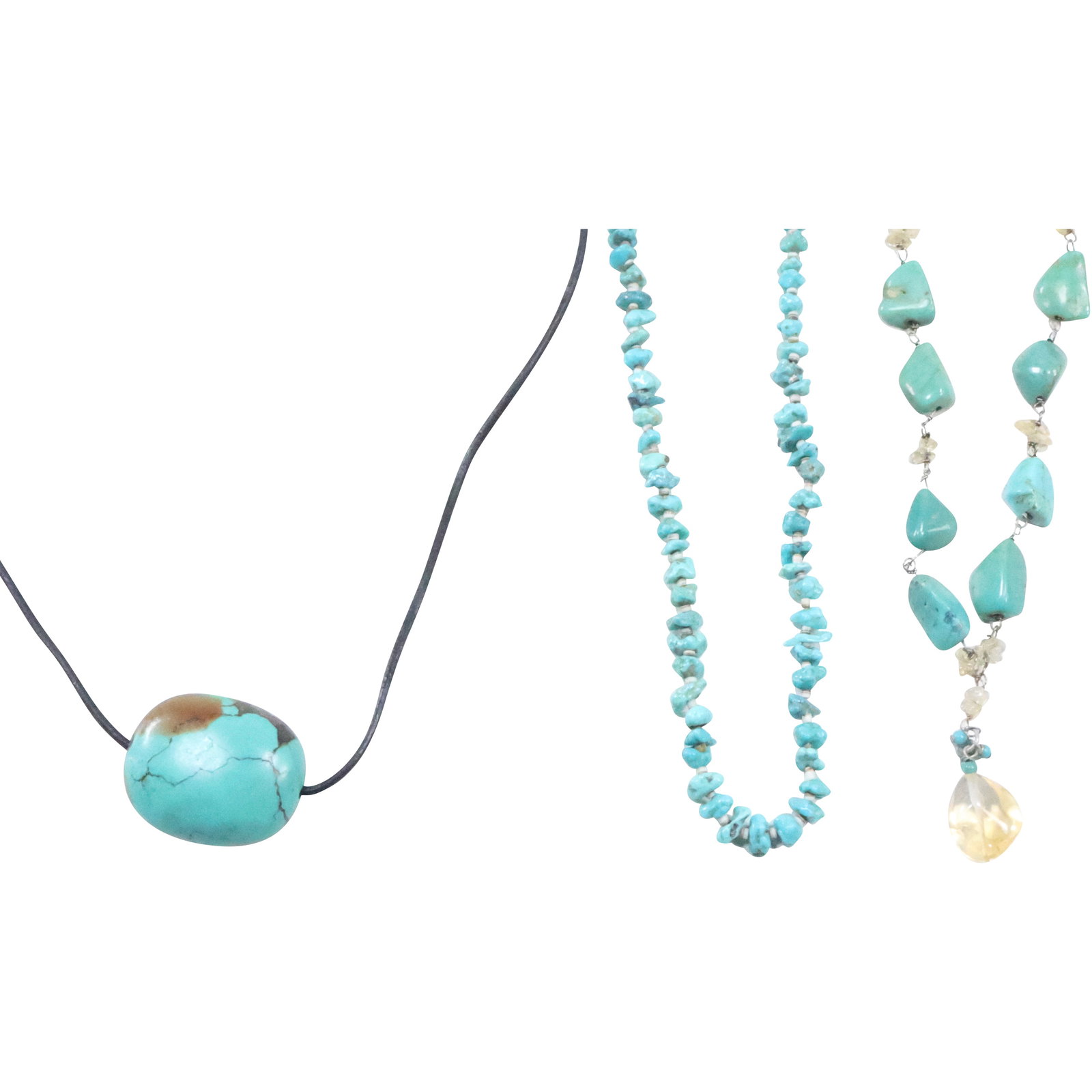 3 Native American Navajo Turquoise Necklaces: Turquoise Chip with Sterling Clasp 28 in. x 1/2 in.;: 3 Native American Navajo Turquoise Necklaces: Turquoise Chip with Sterling Clasp 28 in. x 1/2 in. ; Turquoise with Clear Quartz .925 Clasp 16 in. x 1/2 in. x 1 3/4 in. ; DTR Desert Rose by Jay King Tu