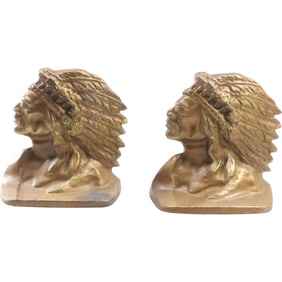 Circa 1920s Cast Iron Indian Chief Figural Bookends 5 in. x 5 in.