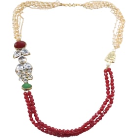 Quality Costume Jewelry Faux Pearls with Faux Ruby Beads Rhinestone Necklace 26 in. x 1 in.