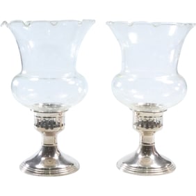 Pair Sterling Silver Weighted Base Hurricane Candle Lamps with Etched Glass Shades 8 in. x 5 in.