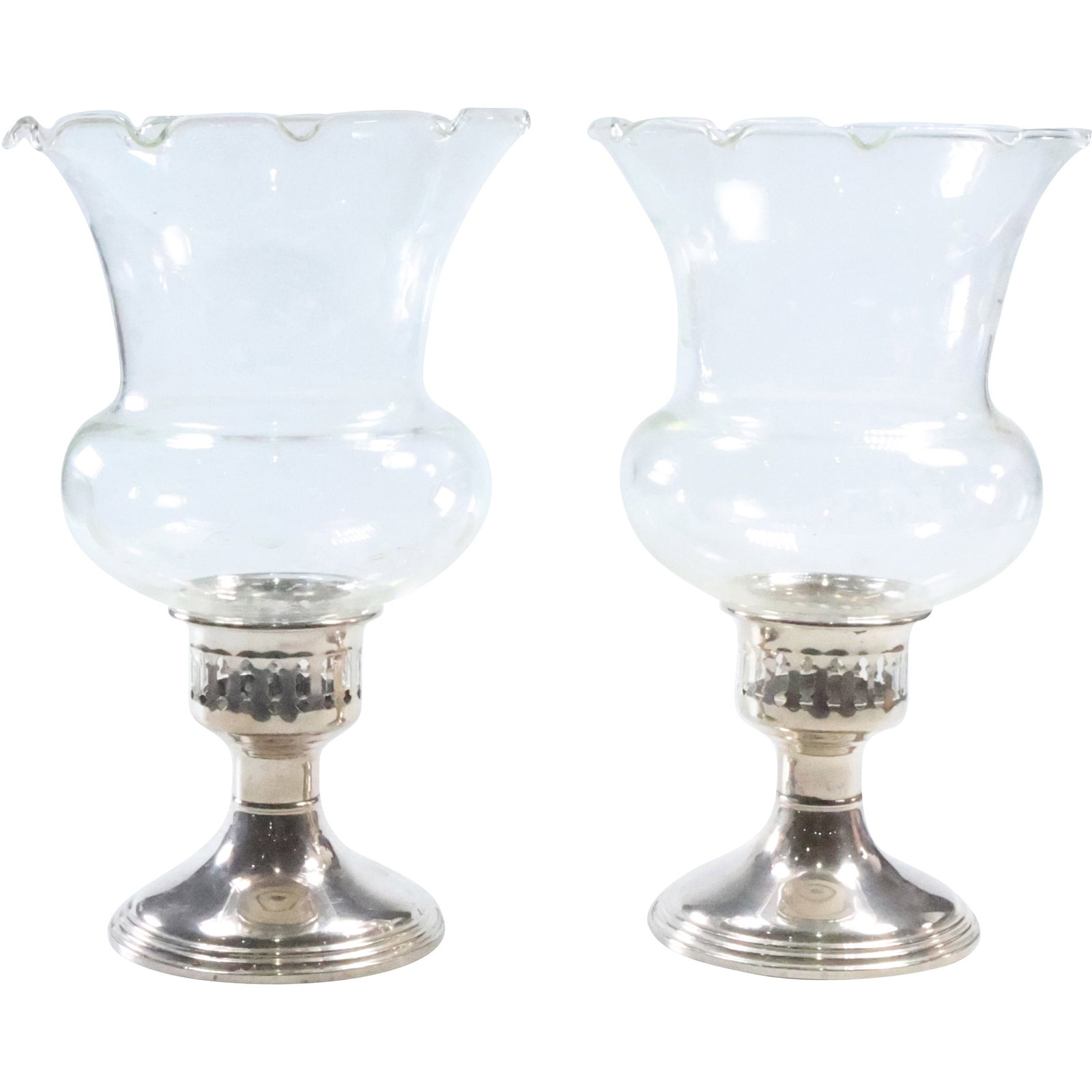 Pair Sterling Silver Weighted Base Hurricane Candle Lamps with Etched Glass Shades 8 in. x 5 in.: Pair Sterling Silver Weighted Base Hurricane Candle Lamps with Etched Glass Shades 8 in. x 5 in.