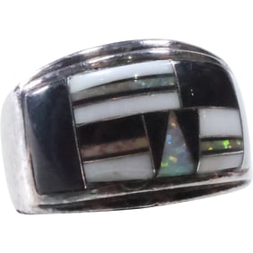 Zuni Native American Sterling Silver marked with Sunrays, Inlaid Ring Black Onyx, MOP, Opal,
