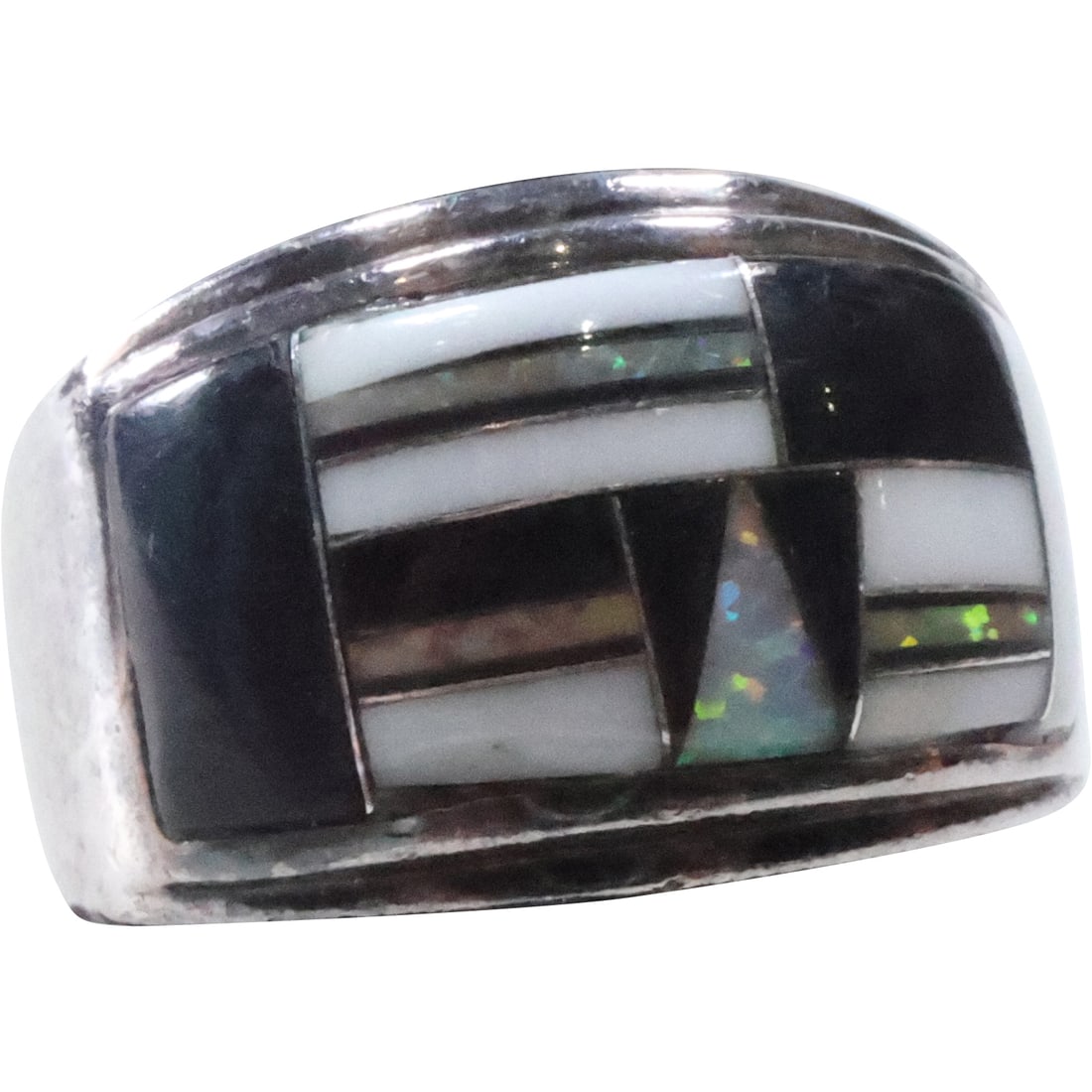 Zuni Native American Sterling Silver marked with Sunrays, Inlaid Ring Black Onyx, MOP, Opal,: Zuni Native American Sterling Silver marked with Sunrays, Inlaid Ring Black Onyx, MOP, Opal, Ring Size 9.5, 1 in. x 5/8 in.
