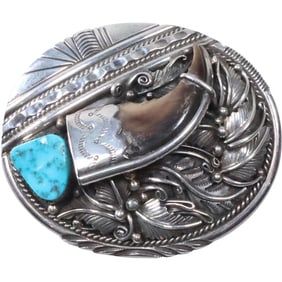 American Indian Navajo Sterling Silver Bear Clar with Turquoise Belt Buckle Feather Etched