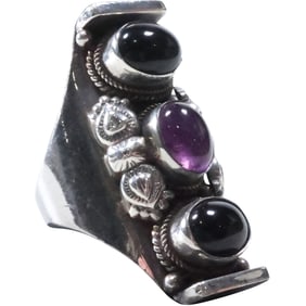 .925 Sterling Silver American Indian Black Onyx and Purple Amethyst Large Ring Size 10