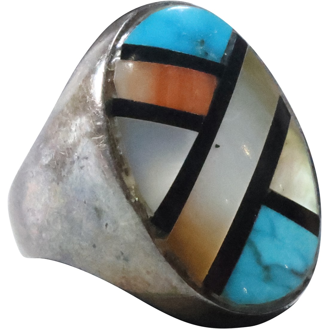 American Indian Zuni Heavy Sterling Ring with Inlaid MOP, Turquoise, Coral, Black Onyx Ring: American Indian Zuni Heavy Sterling Ring with Inlaid MOP, Turquoise, Coral, Black Onyx Ring Size 8.5 , 7/8 in. x 1 in.