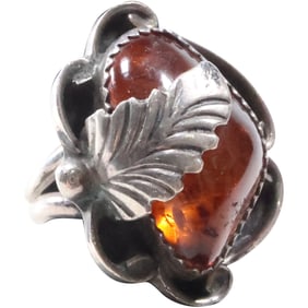 HT HERBERT TSOSIE Navajo 2, Sterling Silver with Amber Stone with Feather Ring Size 6.75
