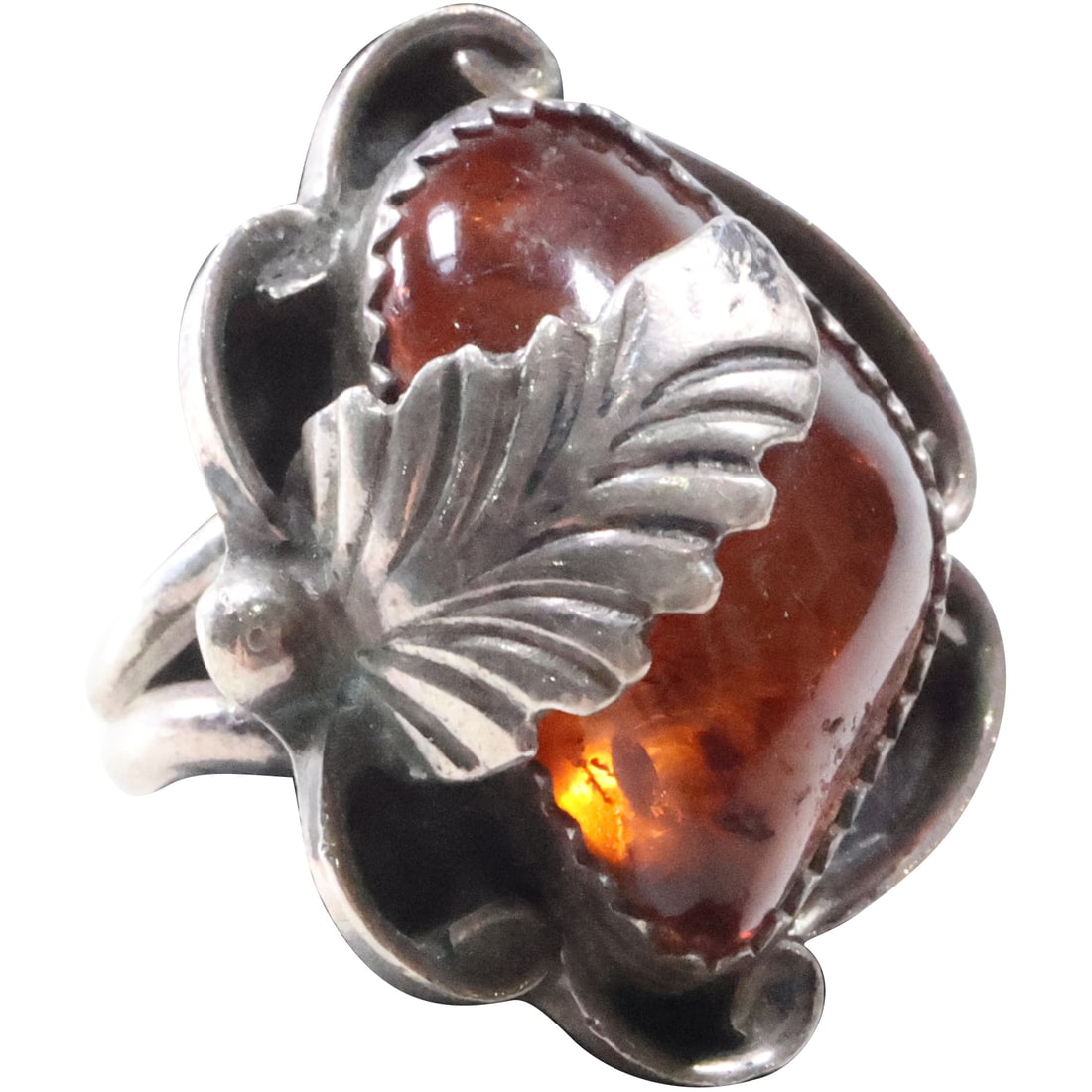 HT HERBERT TSOSIE Navajo 2, Sterling Silver with Amber Stone with Feather Ring Size 6.75 (1 of 11)
