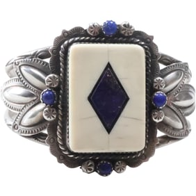 "C" CLARENCE CHAMA Kewail Native American Sterling Agate and Lapis Cuff Bracelet