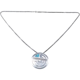 Unsigned Hopi Lewis Lomay Turquoise and Enameled Pin / Pendant Necklace 28 in. Sterling Box Chain
