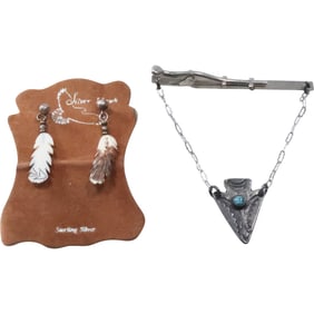 [2[ Sterling Silver Navajo Arrowhead Tie Bar & Sterling and Resin Feather Earrings