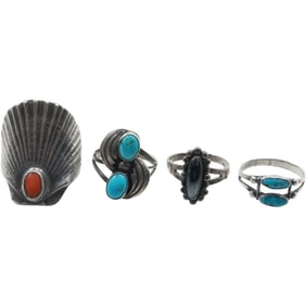 [4] Native American Indian Sterling Silver Rings: Clam Shaped Ring with Coral Stones; Sterling