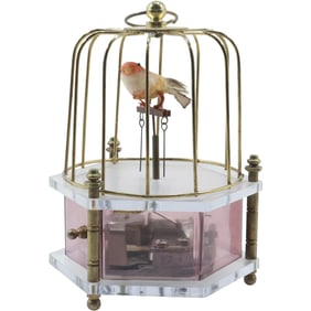 Musical "Moving Bird" in Bird Cage, working, 6 in. height x 3 1/2 in. wide