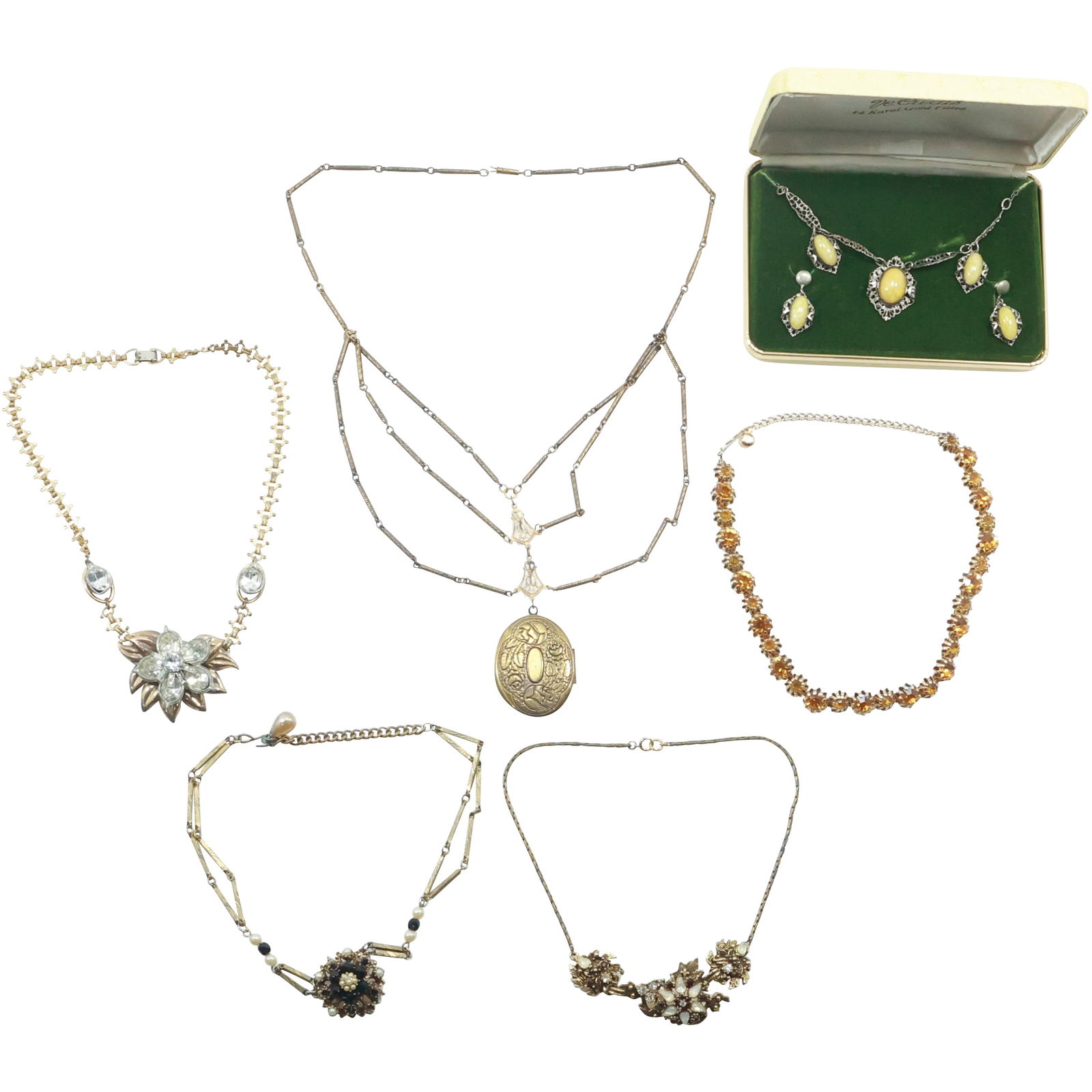 Estate Grouping Assorted Vintage Costume Jewelry: Amber Color Rhinestone Necklace; Star Center (1 of 20)