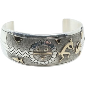 LEE BENNET Native American Navajo 14K Gold and Sterling Silver Figures Symbols Cuff Bracelet